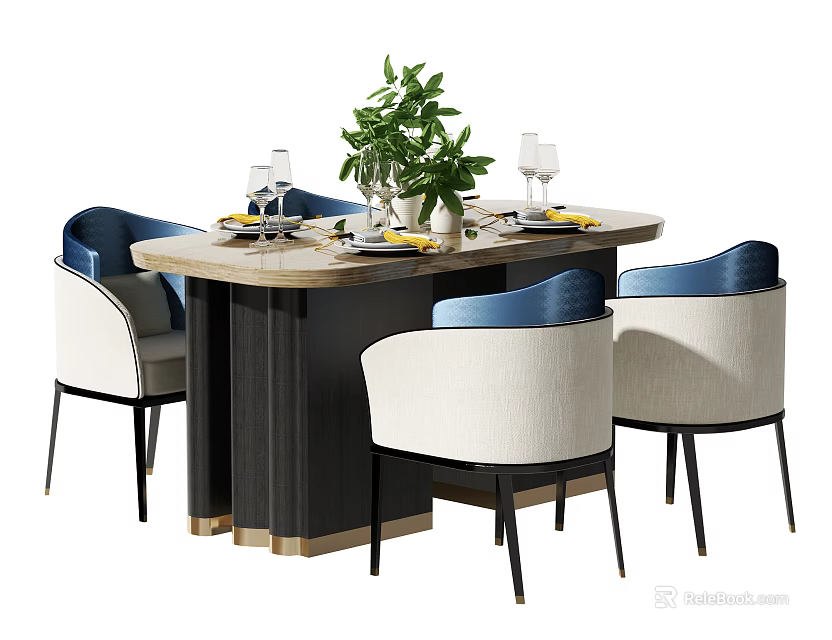 Elegant Oval Dining Table Set With Blue White Upholstered Chairs And Green Plant Decor 3d model