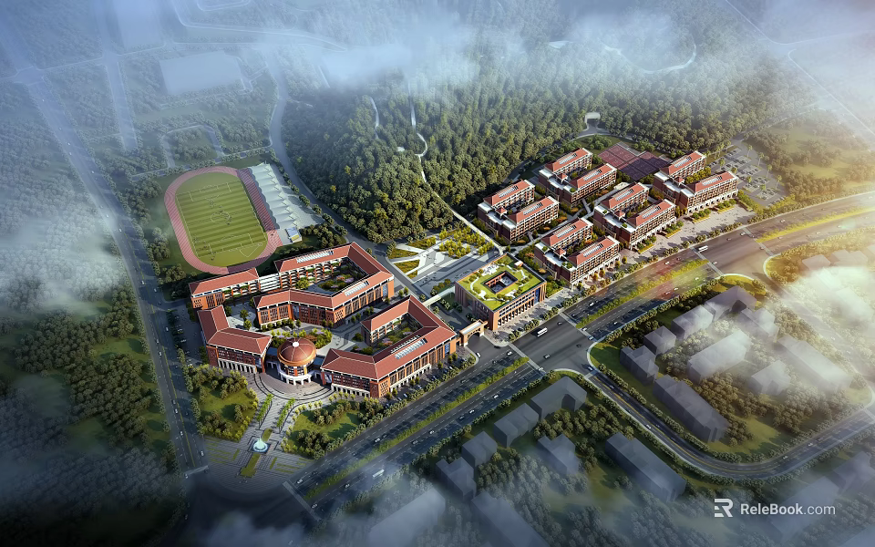 Red Brick School Buildings On Campus With Surrounding Greenery Sports Field And Roads 3d model 
