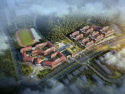 Red Brick School Buildings On Campus With Surrounding Greenery Sports Field And Roads 3d model