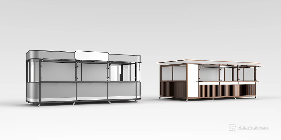 Modern Portable Booths Featuring Metal Frame Glass Panels And Wooden Structure Design 3d model 