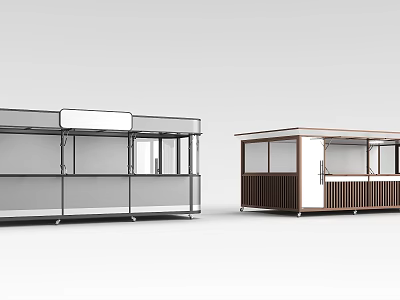 Modern Portable Booths Featuring Metal Frame Glass Panels And Wooden Structure Design 3d model