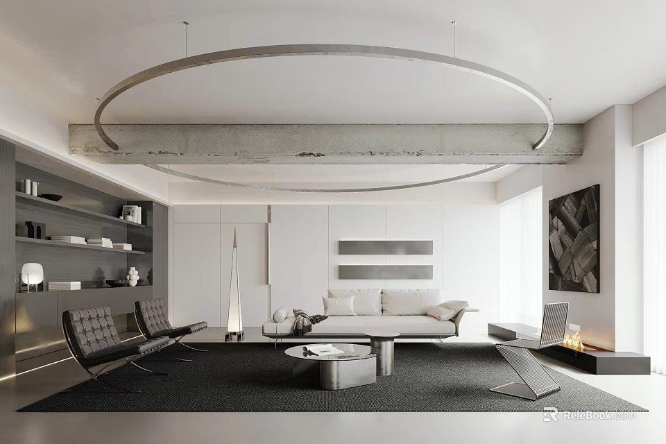 Modern Living Room Interior With White Sofa Black Chairs Round Coffee Table And Circular Chandelier 3d model 