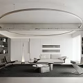 Modern Living Room Interior With White Sofa Black Chairs Round Coffee Table And Circular Chandelier