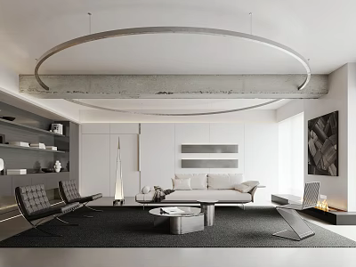 Modern Living Room Interior With White Sofa Black Chairs Round Coffee Table And Circular Chandelier 3d model