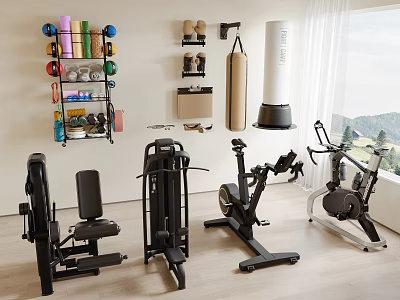 Home Gym Fitness Equipment Featuring Dumbbells Kettlebells Punching Bag Weight Bench Exercise Bike And Elliptical 3d model