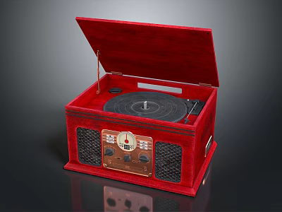 Red Retro Record Player Audio System Featuring Vintage Design Turntable Control Panel And Speakers 3d model