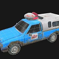 Old Blue White Truck With Rusty Body Red Toy Rocket On Roof Dino Bite Logo