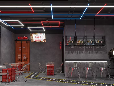 Modern Industrial Bar Interior With Neon Lights Bottles On Shelves Metal Chairs And Red Crates 3d model