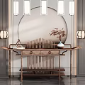 Decorative Console Table with Circular Backdrop Pendant Lights Table Lamps Vase and Ornaments 3d model
