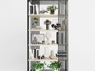 Modern Metal Frame Wooden Shelving Unit With Decorative Plants Vases Books And Photo Frames 3d model
