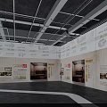 Modern Cultural Center Interior with Silhouette Figures Display Counters and Wooden Ceiling Light Strips