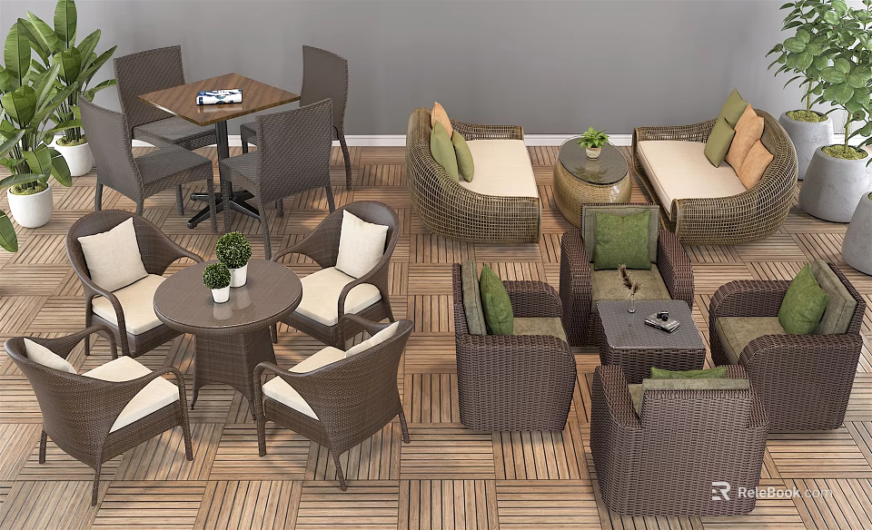 Outdoor Wicker Sofa Set With Green Beige Cushions On Wooden Patio Floor 3d model 