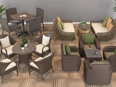 Outdoor Wicker Sofa Set With Green Beige Cushions On Wooden Patio Floor 3d model