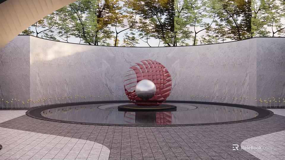 Red Spherical Sculpture With Silver Center In Circular Pool Surrounded By Trees And Gray Wall 3d model 