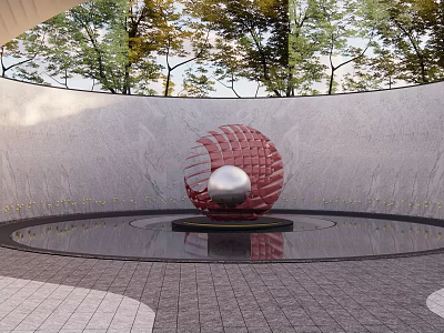 Red Spherical Sculpture With Silver Center In Circular Pool Surrounded By Trees And Gray Wall 3d model