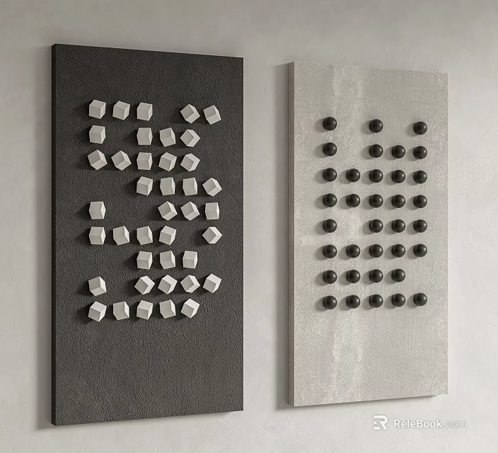 Modern Abstract Wall Decor with 3D White Cubes Black Dots on Black Light Gray Background 3d model