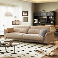 Beige Double Sofa with Brown and Checkered Pillows on Black White Checkered Rug