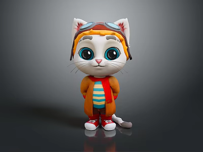 Cute Cartoon Cat Wearing Aviator Goggles Striped Shirt Orange Coat And Red Shoes 3d model