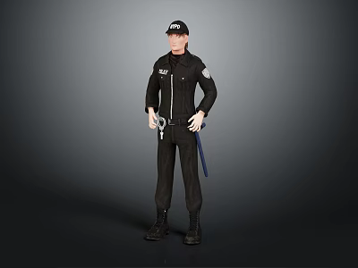 Security Guard Character in Black Uniform Standing with Cap Holding Baton Against Grey Background 3d model