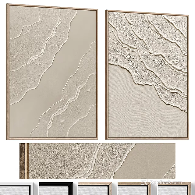 Minimalist Abstract Painting Diptych With Wavy Light Beige Texture And Framed Design 3d model 