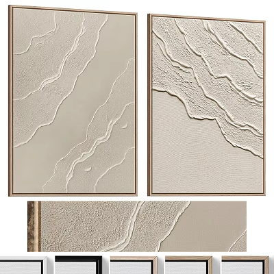 Minimalist Abstract Painting Diptych With Wavy Light Beige Texture And Framed Design 3d model