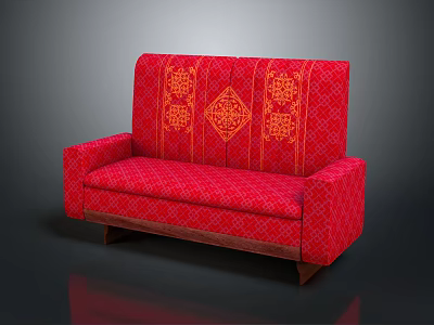Red Multi Seat Sofa with Traditional Orange Ornate Patterns and Wooden Legs 3d model