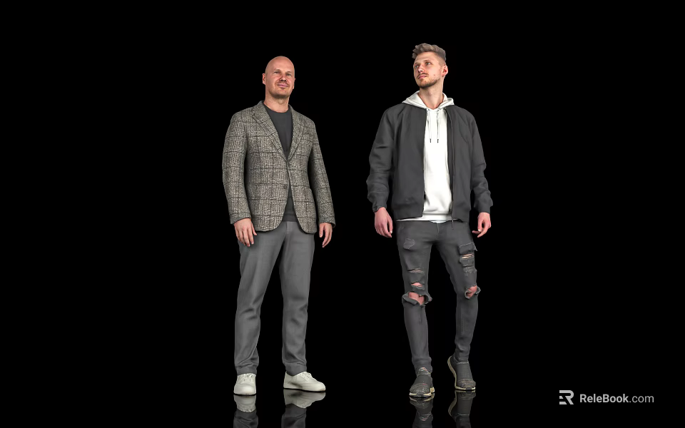 Men Wearing Plaid Blazer Gray Pants White Shoes Black Hoodie Ripped Jeans Sneakers Black Background 3d model 