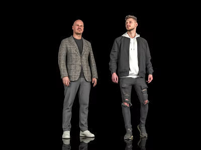 Men Wearing Plaid Blazer Gray Pants White Shoes Black Hoodie Ripped Jeans Sneakers Black Background 3d model