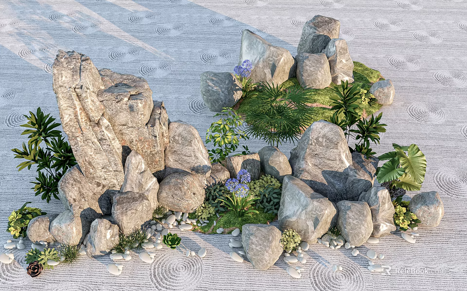 Natural Stone and Wood Garden Decor with Green Plants and Rock Arrangements 3d model 
