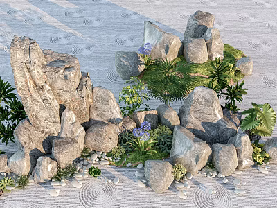 Natural Stone and Wood Garden Decor with Green Plants and Rock Arrangements 3d model