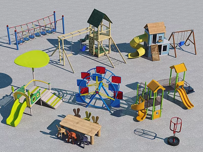 Colorful Outdoor Playground Equipment With Slides Swings Climbing Frames Carousel Umbrella Tables And Chairs 3d model