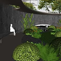 Serene Relaxation Area With Lush Green Plants Stone Wall Fountain And Round Shrubs