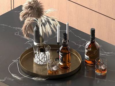 Wine Bottles and Glasses on Brass Tray with Ice Cubes Pampas Grass Dark Marble Countertop 3d model