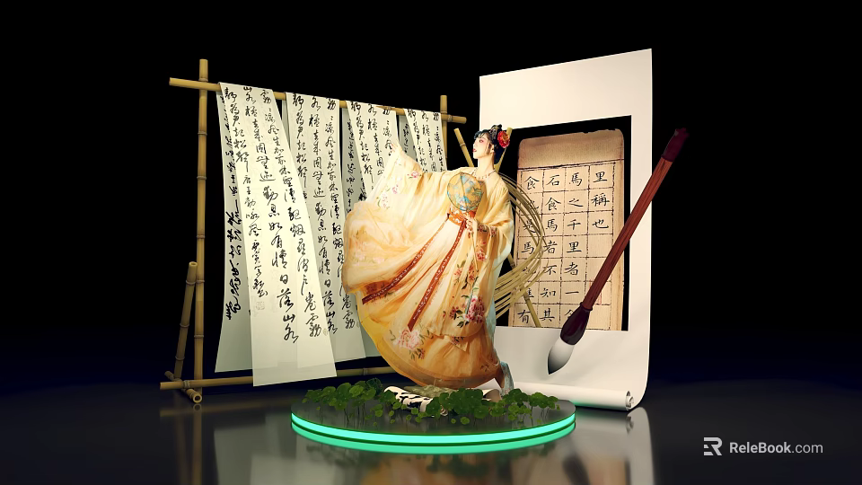 Traditional Costume Calligraphy Scrolls Bamboo Frame Writing Brush Green Base Glowing Edge Photo Spot 3d model 