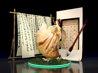 Traditional Costume Calligraphy Scrolls Bamboo Frame Writing Brush Green Base Glowing Edge Photo Spot 3d model