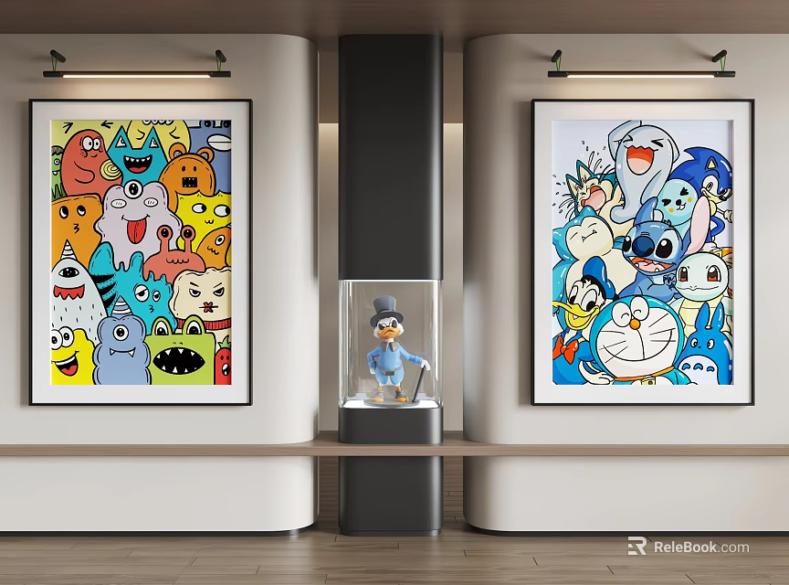 Vibrant Abstract Paintings Featuring Colorful Cartoon Characters For Interior Wall Decor 3d model 