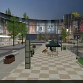 Modern Commercial Street With Glass Facade Buildings Open Plaza Green Trees And Outdoor Seating