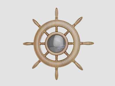 Vintage Wooden Ship Wheel Wall Decor with Central Round Mirror 3d model