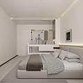 Modern Minimalist Bedroom Interior With Beige Bed Wall Art Round Mirror And Area Rug
