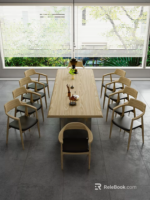 Wooden Dining Table Set With Eight Chairs Black Cushions Vase Decorations And Green Plants 3d model 