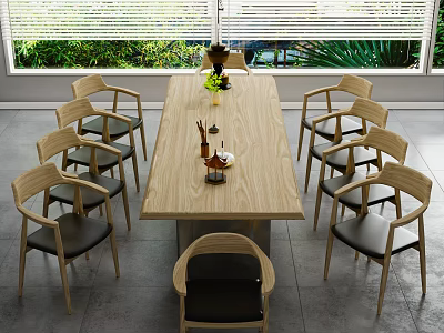 Wooden Dining Table Set With Eight Chairs Black Cushions Vase Decorations And Green Plants 3d model
