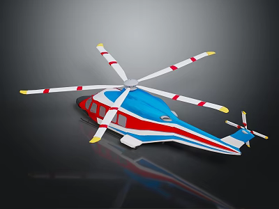 Colorful Helicopter With Blue Red White Body Rotors On Black Background With Reflection 3d model