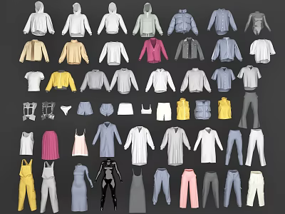 Various Styles of Clothes Including Tops Pants Coats and Dresses in Multiple Colors 3d model