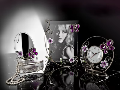 Elegant Decorative Ornament Set With Photo Frame Mirror Clock Butterfly And Flower Accents 3d model