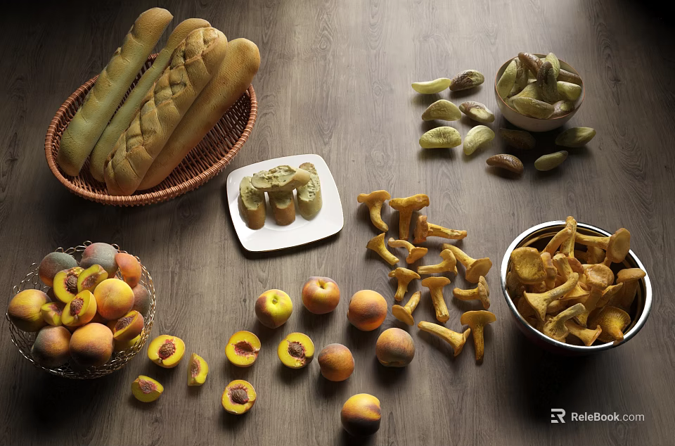 Assorted Fresh Food Selection With Baguettes Peaches Mushrooms Nuts And Chips 3d model 