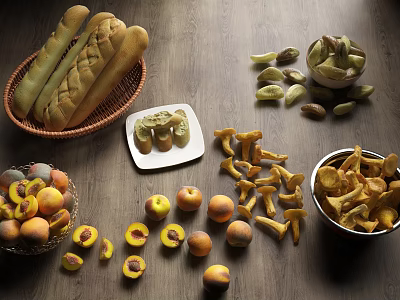 Assorted Fresh Food Selection With Baguettes Peaches Mushrooms Nuts And Chips 3d model