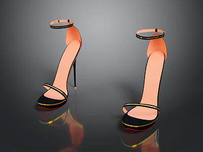 Stylish Black High Heels With Ankle Strap Thin Heel And Gold Trim Design 3d model