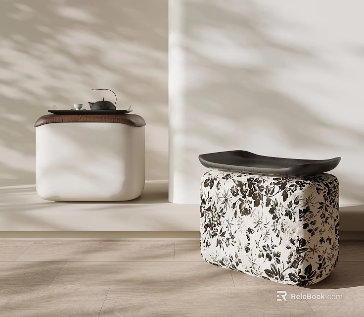 Minimalist Modern Stools With White Base Dark Top And Floral Pattern Design 3d model