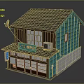 Japanese Traditional Small Shop Building With Blue Walls Dark Roof Garage Door And Satellite Dish