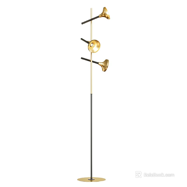 Modern Floor Lamp With Gold Metal Bell Shaped Shades And Adjustable Black Arms 3d model 